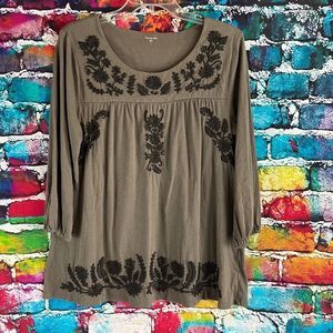 Garnet Hill Olive Top with Black Embroidery